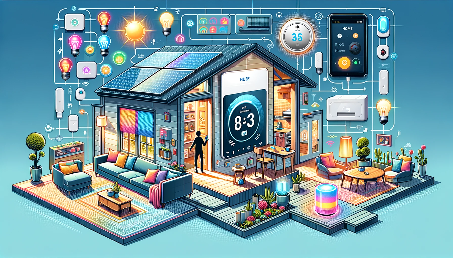 DALL·E 2024-01-24 10.44.16 - A wide panoramic illustration depicting various aspects of smart home technologies. The scene includes a living room with an intelligent thermostat on